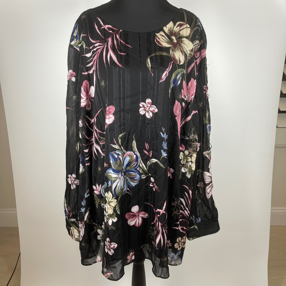 Lane Bryant Floral Flowy Career Wear Split Sleeve Tunic Top Black Size 26/28